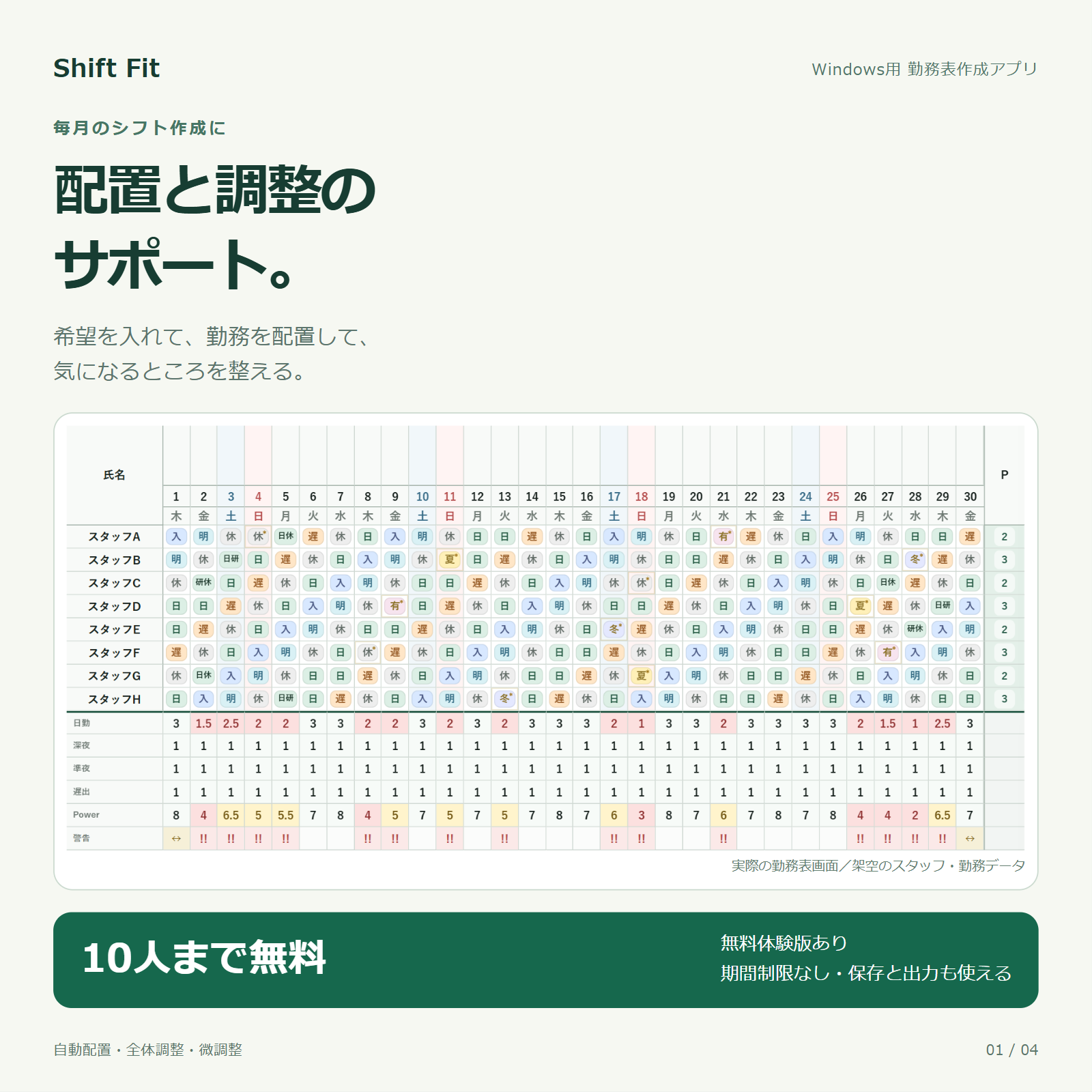 Shift Fitの紹介画像。勤務表画面と配置・調整のサポート